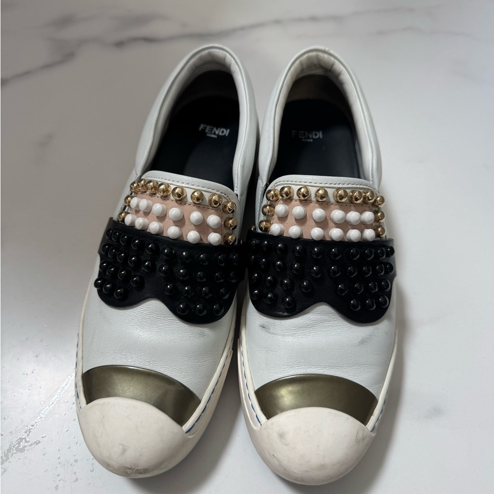 Fendi Women's White and Black Studded Sneakers